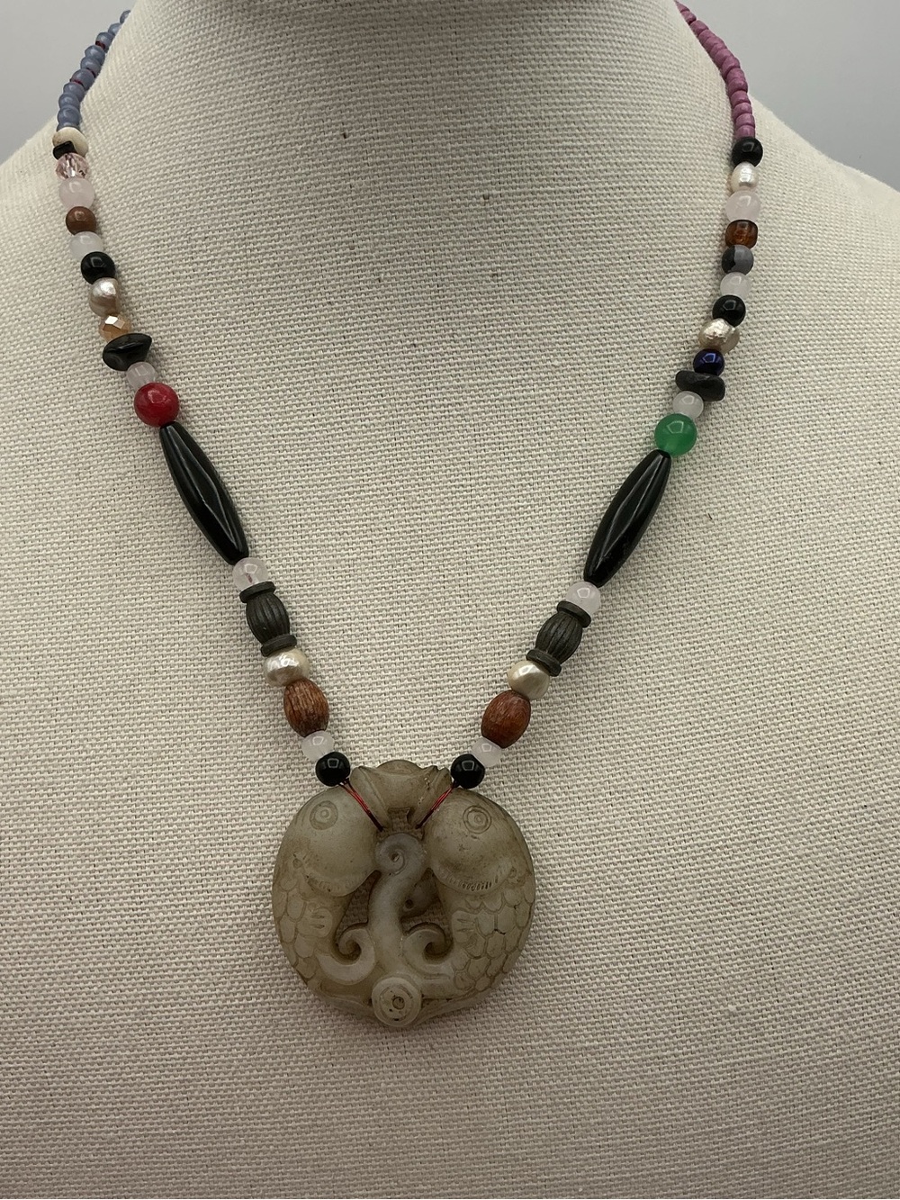 Handcrafted Multicolor Bead Necklace with Vintage Carved Fish Jade Pendant